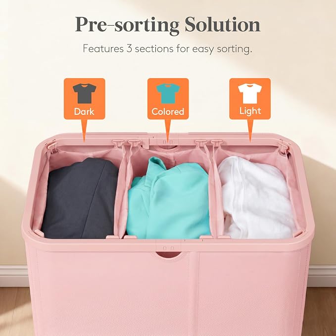 Lifewit 185L 3 Section Laundry Hamper with Lid, Laundry Basket, Pink | Large Foldable Laundry Sorter with 3 Removable Bags, Tall Clothes Hamper for Bedroom and Bathroom - Image 3