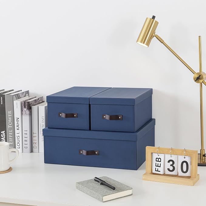 Soul & Lane - Decorative Storage Boxes with Handles, Set of 3, Navy | Sturdy Cardboard Photo Organizers with Lids for Office and Home, Blue Memory Storage Containers for Pictures and Papers - Image 2