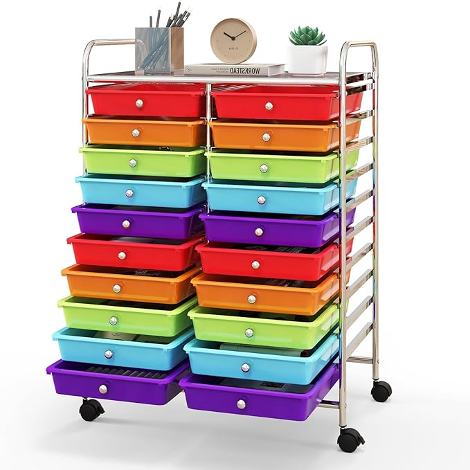 RELAX4LIFE 20 Drawer Rolling Storage Cart, Mobile Rolling Cart w/Drawers for School Classroom Teacher Office Home Salon, Paper File Art Supply Craft Organizer, Utility Cart on Wheels (Multicolor) by RELAX4LIFE