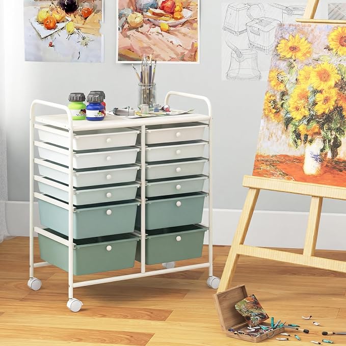 Giantex 12 Drawers Rolling Storage Cart, Classroom Organizers with Wheels for Tools Scrapbook Craft Paper Teacher Office School Supplies, Green Gradient - Image 9