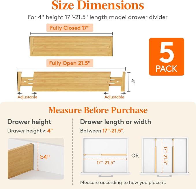 Lifewit 4" High Dresser Drawer Dividers, Adjustable Bamboo Drawer Organizer | 5 Pack 17"-21.5" Expandable Drawer Separator for Clothes, Utensils, Kitchen, Cabinet, Closet, Nursery Organization & Storage - Image 2