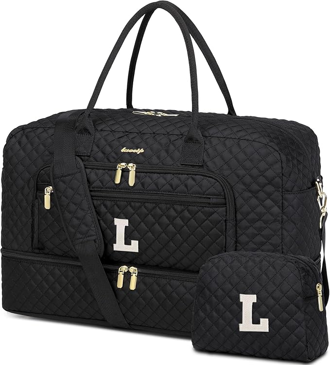 Initial Travel Duffle Bag for Women - Black Personalized Weekender bags Overnight Bag with Shoe Compartment & Wet Pocket Weekend Tote Bags with Toiletry Bag Monogram Christmas Gift (Letter L) by LUOCIP
