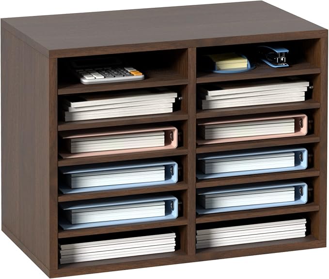 VEVOR Literature Organizers, 12 Compartments Office Mailbox with Adjustable Shelves, Wood Literature Sorter 20.4x12x16.1 inches for Office, Home, Classroom, Mailrooms Organization, EPA Certified Brown by VEVOR