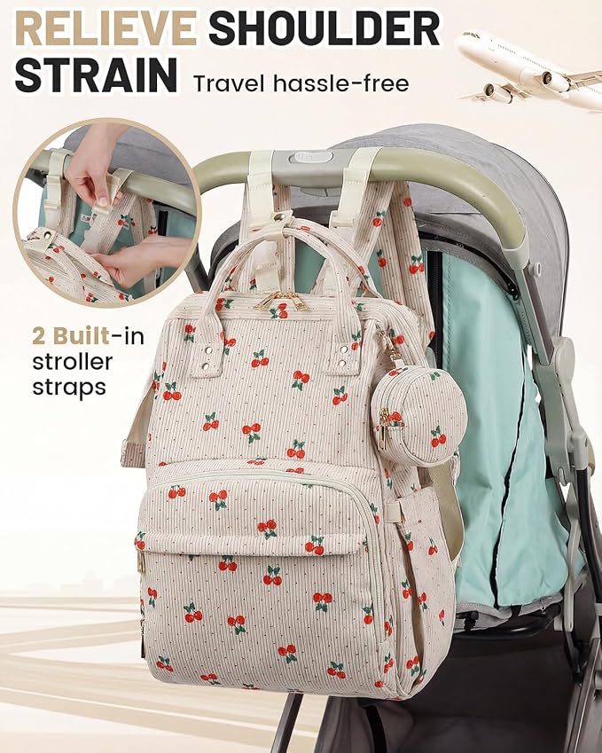 Corduroy Diaper Bag Backpack, Large Capacity Multifunction Baby Diaper Bags for Women, Insulated Bottle Pockets & Pacifier Case, Stylish Travel Nappy Changing Bags for Mom Dad (Cherry) - Image 7