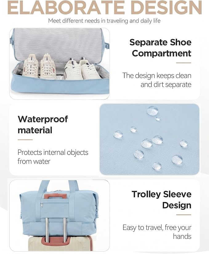 Oeihuivt Weekender Bags for Women, Light Blue, 21 Inch, 2-Piece Set | Large Travel Duffel Bag, Shoe Compartment, Heavy-Duty Canvas Leather, Carry On Overnight Tote - Image 4
