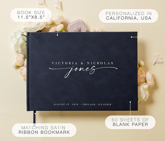 Personalized Guest Book - 11.5" x 8.5" Custom Bride & Groom Names with Bookmark and Hard Cover 140 GSM Blank Pages, for Weddings Guest Book, Engagements, Birthdays, Special Events, Navy - Image 2
