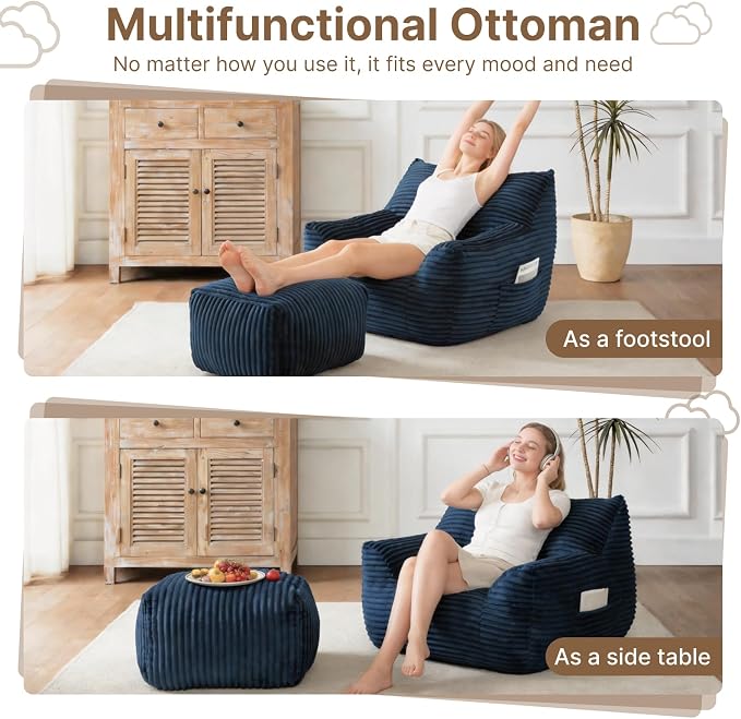 Oversized Bean Bag Chair with Ottoman, Bean Bag Couch with 2 Side Pockets, Corduroy Boneless Couch Chair in a Box, Comfy Lounge Chair for Living Room, Bedroom, Dorm, Blue - Image 4
