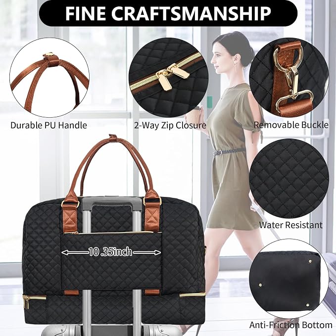 3PCS Weekender Bags for Women Large Overnight Bag, Black | Weekender Travel Duffel Bags Carry on Shoulder with Shoe Compartment Toiletry Bag Satchel Bag for Travelling Business Gym - Image 2
