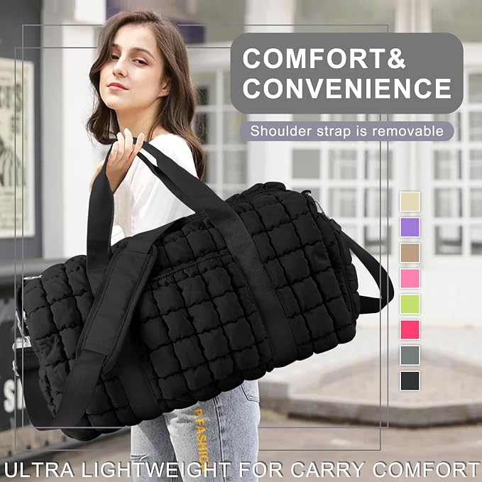 Quilted Travel Duffle Bag Gym Bag for Women,Large Puffer Duffle Weekender Bag with Compartment,Workout Overnight Carry on Organizer Bag Duffle Bag for Airplane Travel(L-Black) - Image 7