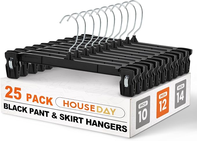 HOUSE DAY Black Pants Hangers with Clips 25 Pack, 12 Inch Skirt Hangers | Non-slip clips hold trousers, skirts, shorts and jeans; 360° swivel hook allows easy access for everyday adult wardrobes by HOUSEDAY