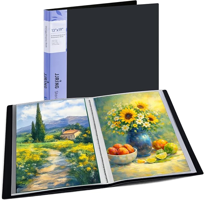 13x19 Black Art Portfolio Folder Displaying 48 Pages with Plastic Sleeves | 24-Pocket Presentation Book Binder For Artwork Storage Featuring Dark Inner Paper Inserts Protective Document Archival Holder by JJRING