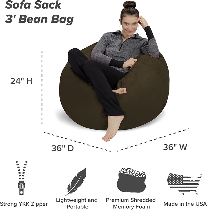 Sofa Sack Bean Bag Chair - Plush, Ultra Soft - Memory Foam Bean Bag Chair with Microsuede Cover - Stuffed Foam Filled Furniture and Accessories for Dorm Room 3 Feet - Olive - Image 3