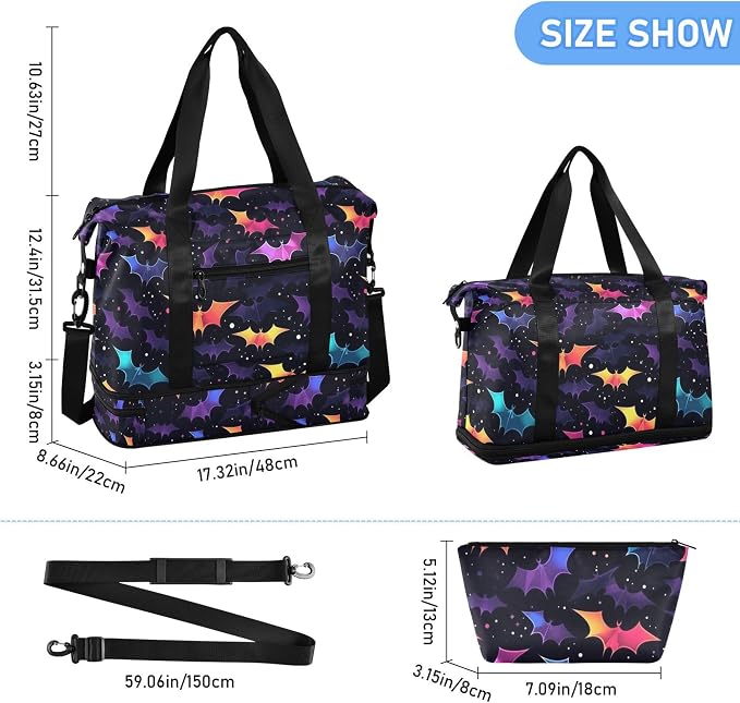 Travel Duffel Tote Bag Gothic Skull Bat Sports Duffel Bag with Wet Pocket Weekender Overnight Bag for Women Men Gym Bag, Carry On Bag Hospital Bag for Labor and Delivery - Image 6