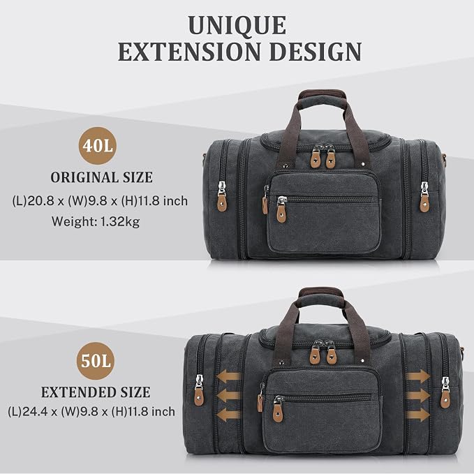 Gonex Canvas Duffle Bag, Expandable 50L Travel Overnight Weekender Bag | Multiple Pockets, Carry-On Size, Durable Zippers, Detachable Strap, for Men & Women, Dark Gray - Image 5