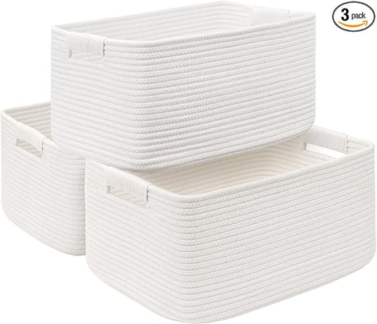 3 Pack Large Storage Basket for Organizing, 17.5"x13"x7" Woven Basket for Shelves, Closet Cube Storage Bins with Wrapped Handle, Cotton Rope Baskets for Kitchen, Clothes, Toys(Off White) by Degeyoyo