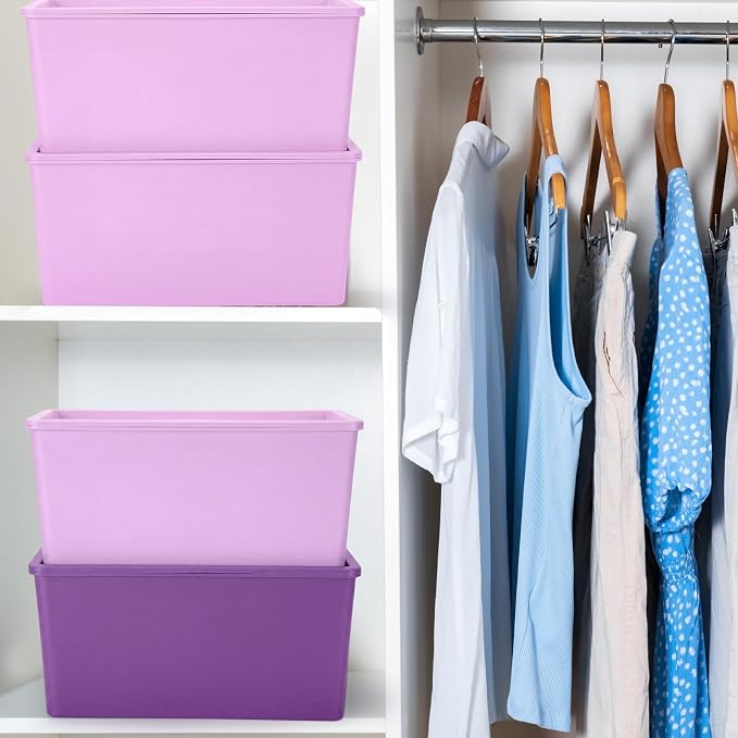 4 Pcs Storage Bins with Lids, Dark Purple, Light Purple, Small | Plastic Stackable Organizing Containers, Heavy Duty Storage Boxes for Classroom Room Shelves, Christmas Ornaments Baskets - Image 6