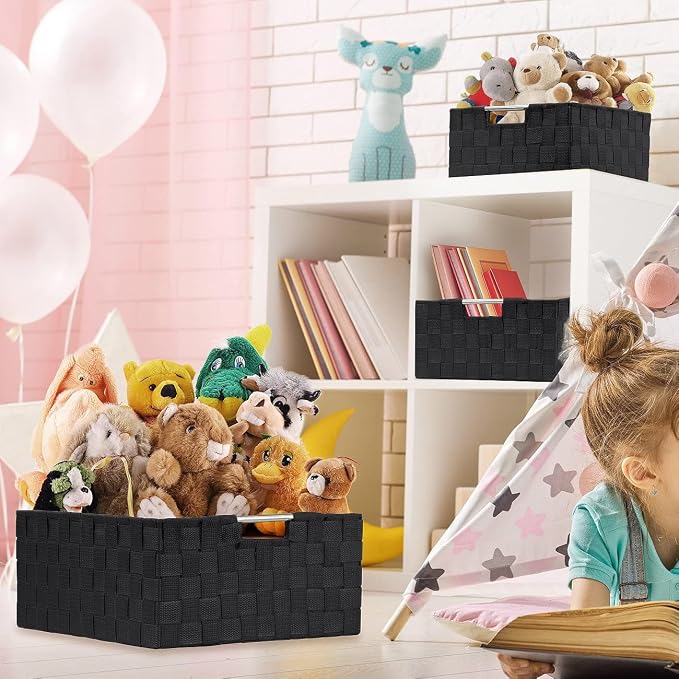 Sorbus Storage Box Woven Basket Bin Container Tote Cube Organizer Set Stackable Storage Basket Woven Strap Shelf Organizer Built-In Carry Handles (Black) - Image 4