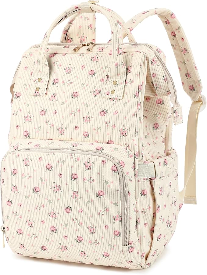 Corduroy Diaper Bag Backpack for Baby Girls Boys, Women Large Nappy Bags for Mom (Beige Corduroy Flowers Pink) by Yusudan