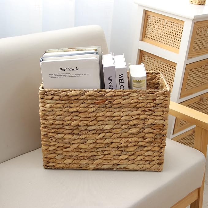 YAHUAN Natural Water Hyacinth Storage Basket with Built-in Handles Stair Basket Magazine Basket Large Wicker Baskets for storage Home Organizing Laundry (Water Hyacinth) - Image 2