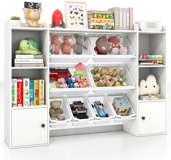 Costzon Kids Toy Storage Organizer w/ 8 Bins, Wooden Toddler Bookcase w/Open Shelves & Cabinet, Multifunctional Toy Storage Cabinet for Kids Room, Nursery & Playroom by Costzon