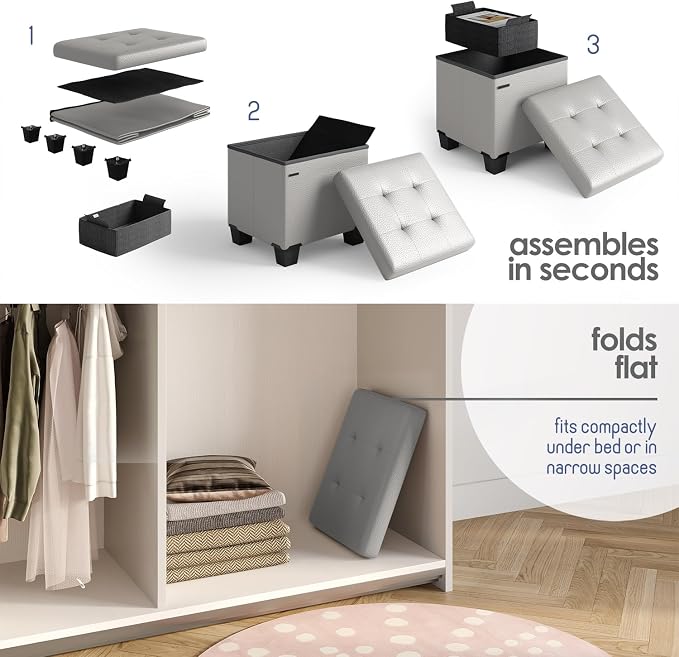 Storage Ottoman Cube with Small Bin, 15-in Square Ottoman with Storage for Living Room and Bedroom, Small Ottomans Foot Rest, Leather Foot Stools Ottomans Max 330lbs, Light Grey - Image 9