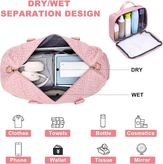 Women Weekender Travel Duffle Bag: Travel Duffel Overnight Bags with Shoe Compartment Large Carry on Tote with Toiletry Bag Weekend Traveling Yoga Gym Hospital Bag for Women with Wet Pocket Pink - Image 5