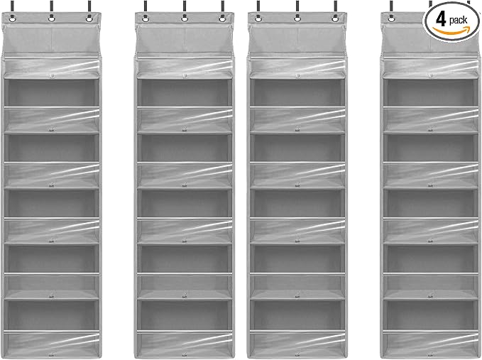 Over Door Organizer with 6 Extra Large Pockets 12 Side Pockets, Sturdy Closet Storage Rack, Hanging Storage Organizer with Clear Window for Shoes, Diaper, Bedroom, Bathroom, Grey, 4-Pack by Unknown