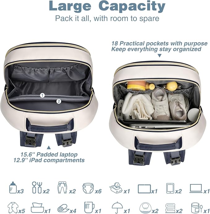Diaper Bag Backpack, Quilted Baby Bag with Changing Pad & Stroller Straps & Pacifier Case, Large Travel Diaper Bags for Mom Dad, Blue Beige - Image 6
