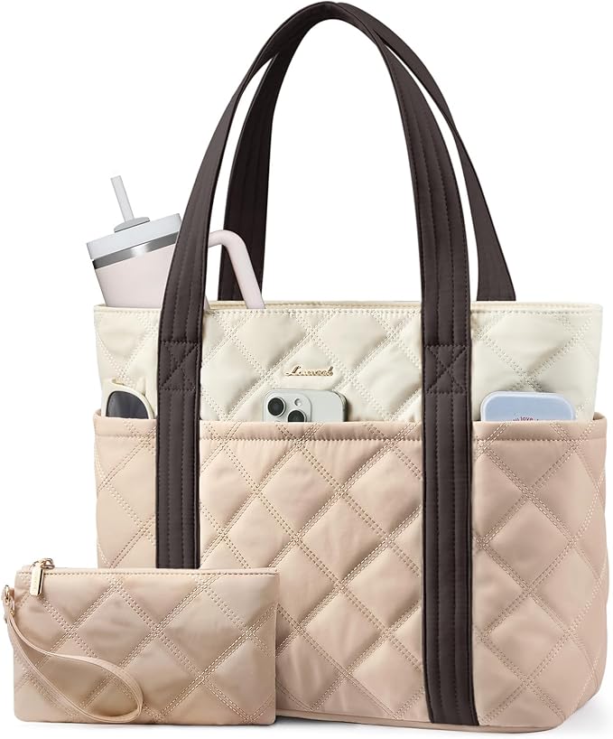 LOVEVOOK Puffer Tote Bag for Women, Puffy Work Handbag with Cup Holder, Travel Carry On Bag with Zipper for Teacher Nurse Gym by LOVEVOOK