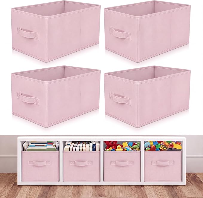 Yinder 4 Pcs Cube Storage Bin, Light Pink 14''x10''x8'' Storage Cubes | Kids Classroom Playroom Decor, Pink Bins, Foldable Baskets for Nursery Organizer Boxes Fabric Boxes by Yinder