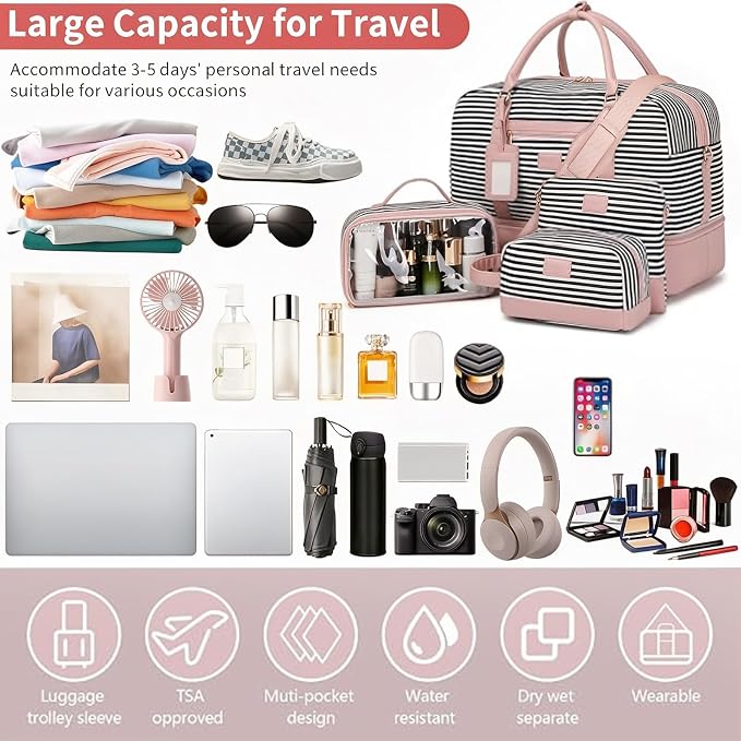 4PCS Weekender Bags for Women Large Overnight Weekend Travel Duffel Bags | Travel Bag Carry-on Tote Hospital Bag with Shoe Compartment Crossbody Toiletry Bag for Travel Business Gym Water Resistant - Image 6