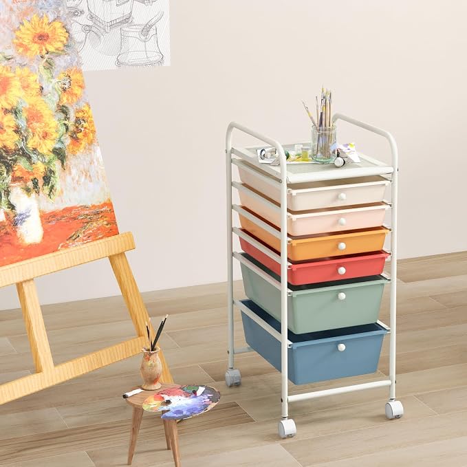 GOFLAME 6-Drawer Rolling Storage Cart, Multifunctional Art Craft Organizer Cart, Mobile Utility Storage Cart with Removable Drawers & Lockable Wheels, Craft Cart for Home Office, Macaron Color - Image 2