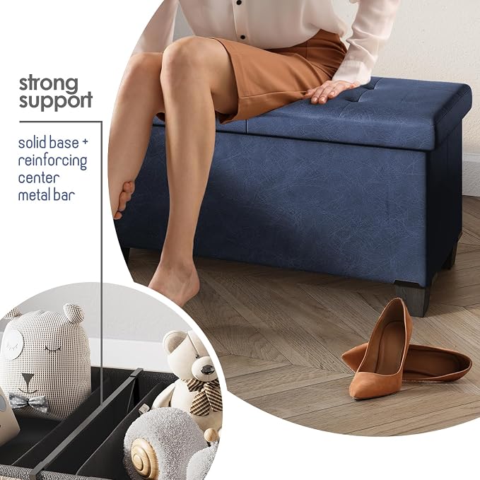 Storage Ottoman Bench with Bins, 43-in Storage Bench for Bedroom End of Bed, Folding Foot Rest Ottoman for Living Room Max 660lbs, Leather Ottomans, Blue - Image 6