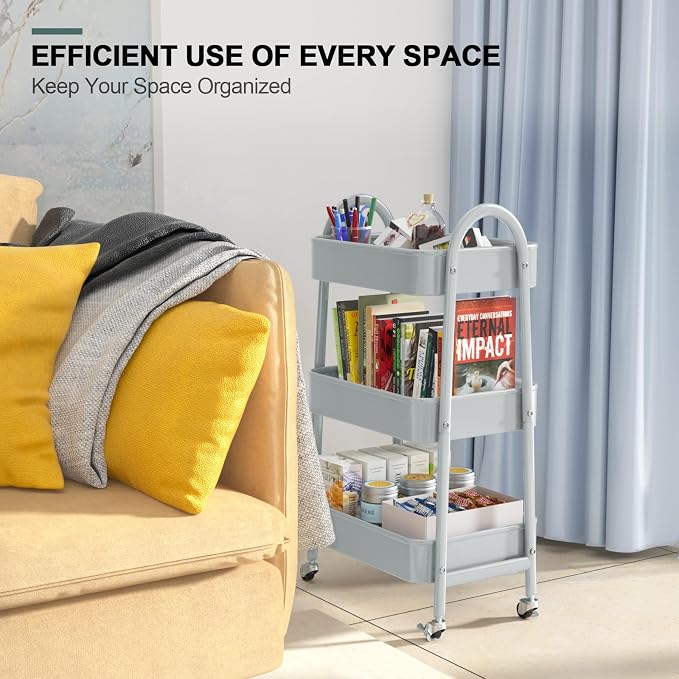 3 Tier Utility Rolling Cart, Metal Storage Cart with Handle and Lockable Wheels, Multifunctional Storage Organizer Trolley with Mesh Baskets for Kitchen, Living Room, Office, Garage (Grey) - Image 7