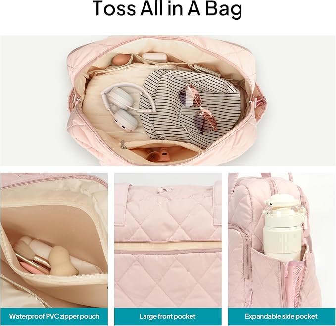TOPEAST Duffel Bag for Women Travel, Expandable Quilted Weekender Overnight Duffle Bag with Adjustable Strap, Lightweight 33L Personal Item Bag Hospital Bags for Labor and Delivery, Pink - Image 5