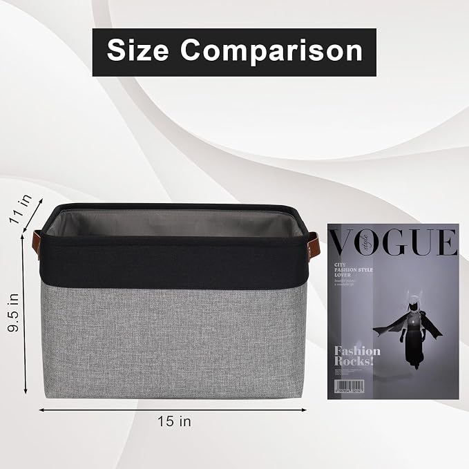 Storage Bins Large Fabric Storage Baskets for Shelves 3 Pack, Decorative Linen Closet Baskets with Handles for Organizing, Shelf, Clothes, Home, Office, 15x11x9.5Inches (Grey&Black) - Image 3