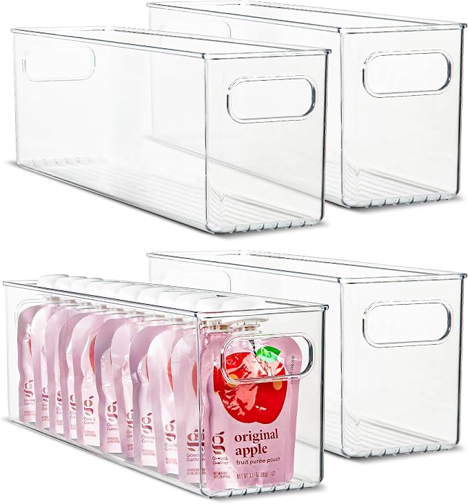 Plastic Food Storage 4 Pack Clear Container Bin with Handles for Organizing Kitchen, Pantry, Fridge, Freezer, Pantry,Bathroom. 16"x4"x5" by primebox