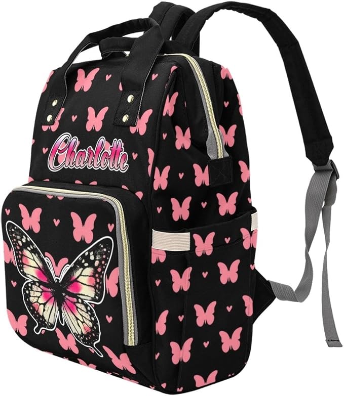 Butterfly Pink Personalized Baby Diaper Bag – Custom Name Waterproof Nappy Backpack with Multi Compartments – Stylish Gift for Mom, Dad, Baby Shower & Outdoor Travel - Image 2
