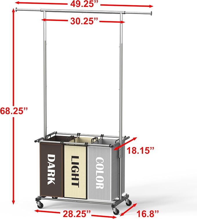 Simple Houseware 3 Bags Laundry Sorter Cart with Hanging Rod, Multi Color | Extendable Width from 30.25 to 49.25", Removable 3-Section Laundry Basketket - Image 2