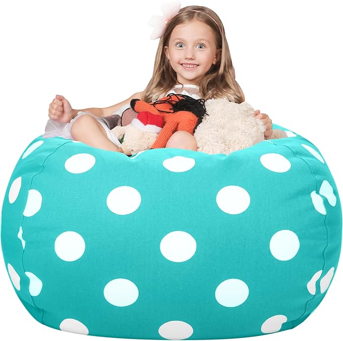 WEKAPO Stuffed Animal Storage Bean Bag Chair Cover for Kids | Stuffable Zipper Beanbag for Organizing Children Plush Toys Large Premium Cotton Canvas (AquaDot, XX-Large) by Wekapo