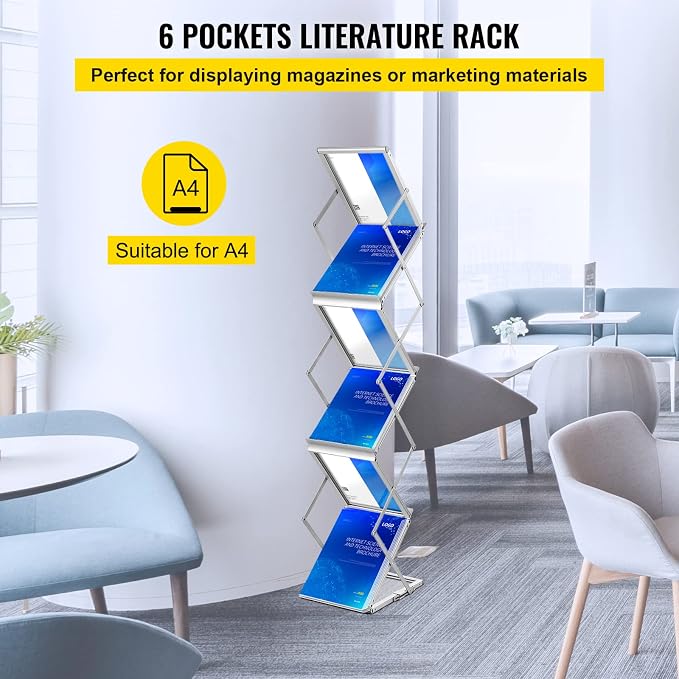 VEVOR Literature Rack, 6 Pockets, Pop up Aluminum Magazine Rack, Lightweight Catalog Holder Stand w/Carrying Bag for Living Room, Hotel, Trade Show, Exhibition, Office - Image 2