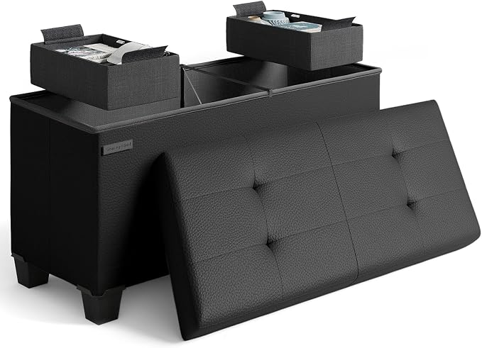 Storage Ottoman Bench with Bins, 30-in Storage Bench for Bedroom End of Bed, Folding Foot Rest Ottoman for Living Room Max 660lbs, Faux Leather Ottomans, Black by STORAGEBUD