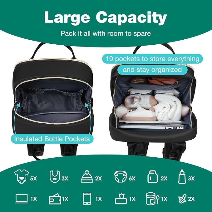 Diaper Bag Backpack, Quilted Baby Bag with Changing Pad and Stroller Straps, Dark Black - Image 2