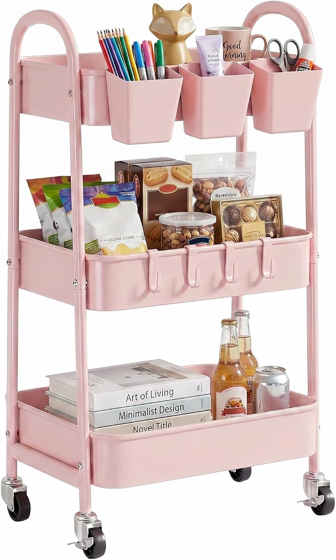 danpinera 3-Tier Rolling Cart, Utility Cart Mobile Metal Rolling Storage Cart with Lockable Wheels & Hanging Cups & Hooks for Kitchen, Bathroom, Office, Workshop, Pink by danpinera