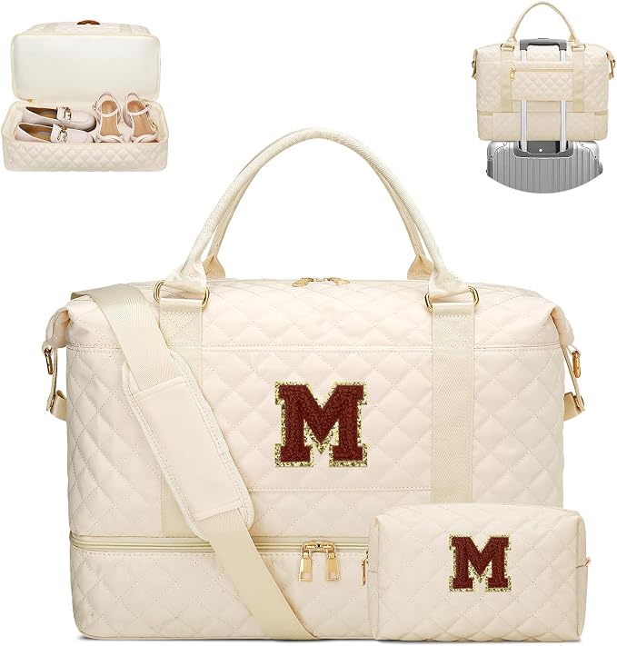 Monogram Overnight Bag Weekender Duffle Bags(Beige,M) | Gifts for Women-Overnight Bags with Toiletry Bag-Weekender Bags with Shoe Compartment for Travel by Unknown