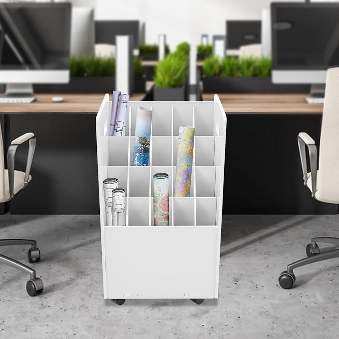 Mobile 20 Slots Blue Print Storage Organizer,Construction Plan Holder,White | Removable Dividers,Max.Total Load 110lbs,Blueprint,Map,Newspapers,Roll Files Storage with 4 Lockable Wheels for Office,School - Image 2