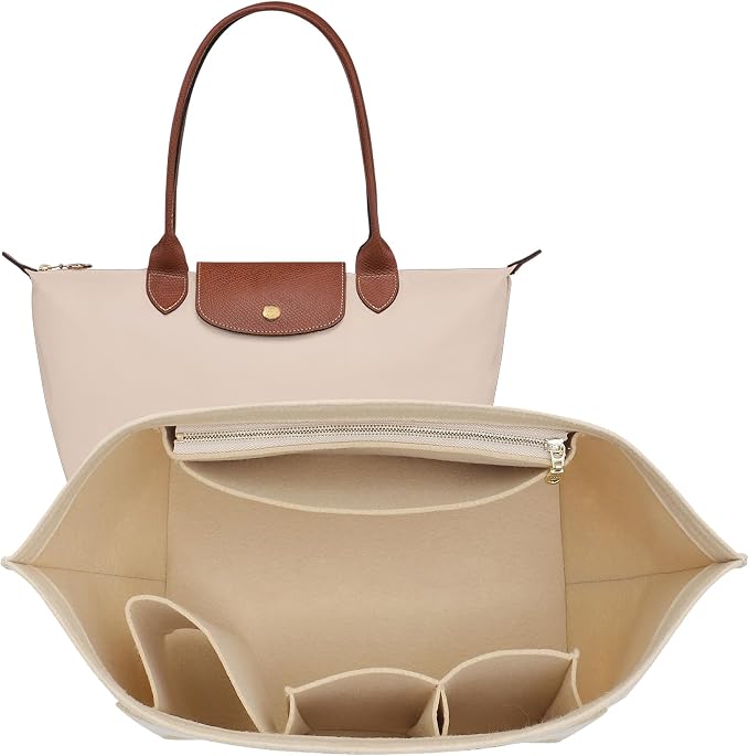 Purse Organizer Insert for Longchamp Le Pliage Tote, Large Bag Organizer with YKK Zipper Pocket & Cup Holder, Handbag Shaper for Women, Fits Original/Green/Energy L Tote, Beige-WL by Doxo