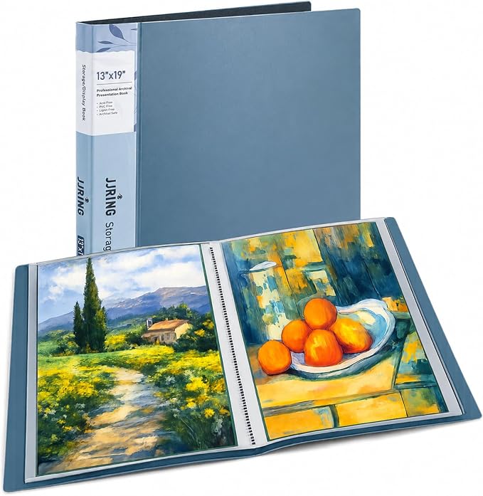 13x19 Blue Art Portfolio Folder Displaying 48 Pages with Plastic Sleeves | 24-Pocket Presentation Book Binder For Artwork Storage Featuring Dark Inner Paper Inserts Protective Document Archival Holder by JJRING