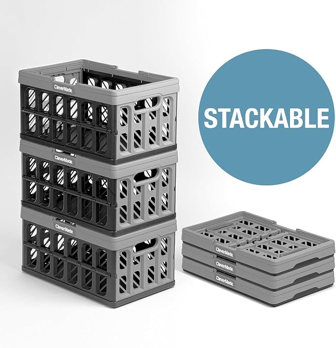 CleverMade Eco Collapsible Shopping Basket with Handles, 24L Stone, 3 Pack | Keep Groceries Upright in the Car | Rigid Walls Carry 25 lb Each, Stack Securely, and Fold to 2.25 Inches for Storage - Image 5
