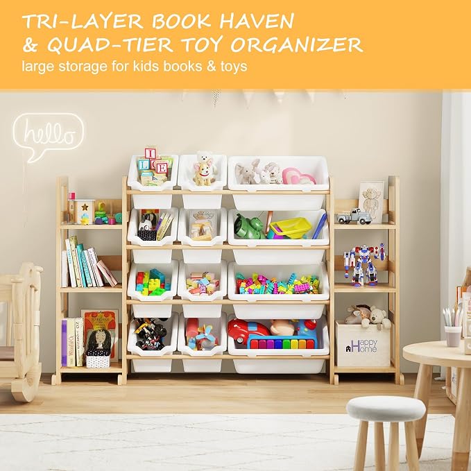 EXPERLAM Extra Large Toy Storage - Toy Storage Organizer, Wooden Toy Organizer with 6 Side Shelves and 12 Bins, 3-in-1 Bookshelf for Kids Rooms, Playroom, Nursery, White - Image 7